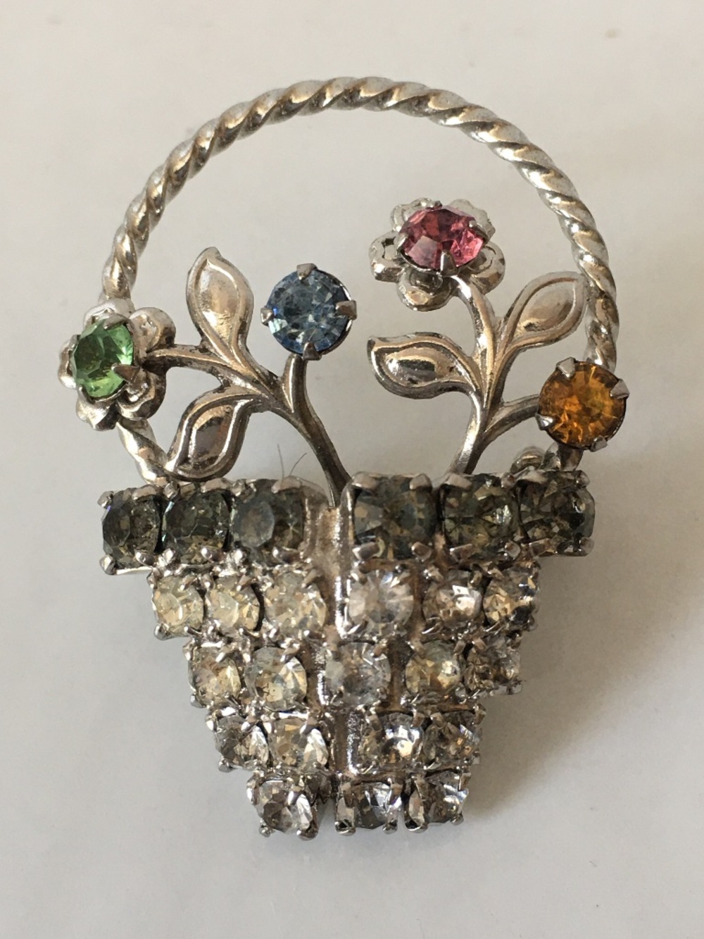 Vintage Silver Tone  Flower Basket Brooch/Pin Rhinestones, Muti Colour Flowers